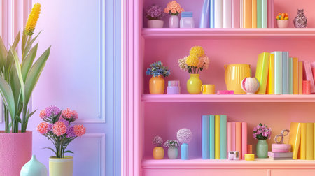 A lively composition of colorful shelves filled with vibrant books, decorative items, and blooming flowers, creating a cheerful and inviting atmosphere in any living space.の素材
