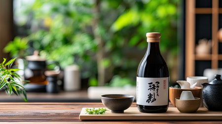 A beautifully arranged sake bottle with cups on a wooden table, surrounded by lush greenery, showcasing the elegance of Japanese dining culture and artistry.の素材