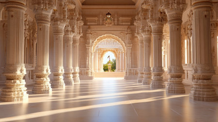 Experience the serene beauty of a grand temple interior, featuring intricately sculpted pillars bathed in warm sunlight creating enchanting shadows and tranquility.の素材