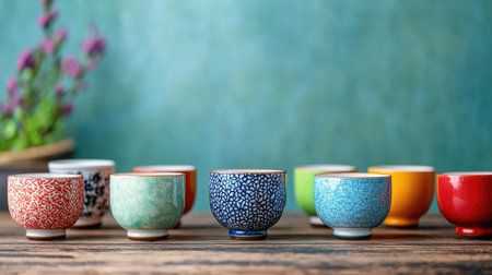 A beautiful arrangement of colorful ceramic cups on a wooden table with a soft green background. Perfect for home decor and dining photography.の素材
