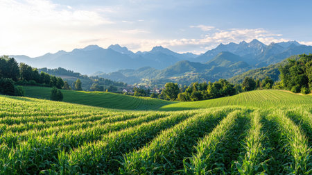 A breathtaking view of a lush green cornfield stretching towards majestic mountains under a bright blue sky, capturing the beauty of rural nature.の素材