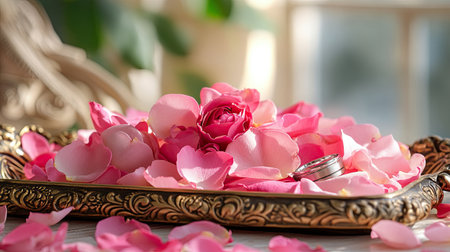 Delicate pink rose petals spread across a vintage tray, exuding charm and elegance. This serene arrangement captures the essence of romance and beauty, ideal for celebrations.の素材