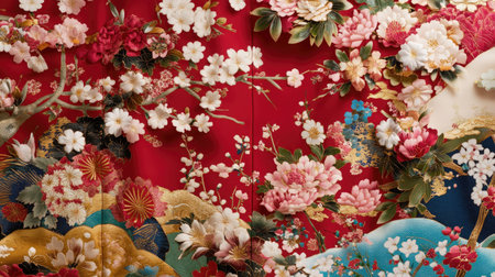 A beautiful floral design featuring vibrant flowers against a rich red background with gold accents. Perfect for textile projects or decorative purposes.の素材