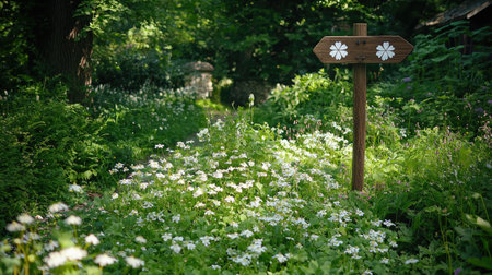 A serene pathway lined with vibrant wildflowers invites exploration and tranquility. A rustic wooden sign adds charm amidst the lush greenery of nature.の素材