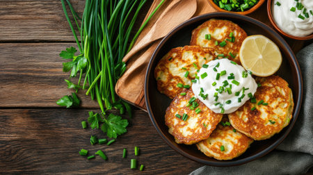 Enjoy a plate of crispy homemade potato pancakes topped with fresh herbs, lemon, and creamy sauce, perfect for breakfast or a delightful snack.の素材