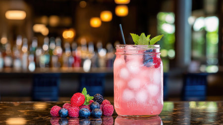 A vibrant image featuring a refreshing berry drink in a glass jar. Garnished with mint and surrounded by fresh berries, this drink represents summer vibes and enjoyment.の素材