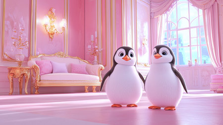 Two adorable cartoon penguins stand in a luxurious pink room filled with soft light and elegant decor, creating a whimsical and cheerful atmosphere perfect for children.の素材