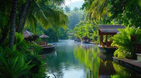 This beautiful tropical scene features a peaceful waterway lined with lush greenery and charming wooden cabins, perfect for a serene getaway.の素材
