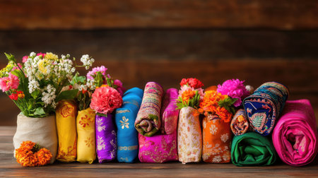 A vibrant collection of rolled fabrics in assorted colors with fresh flowers gracefully arranged on a wooden surface. Perfect for crafting and decoration.の素材