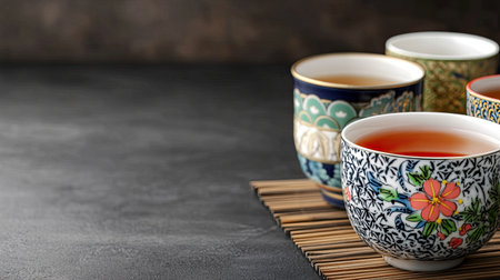 This image features an array of beautiful ceramic tea cups filled with herbal tea, resting on a wooden mat against a dark backdrop, evoking warmth and tranquility.の素材