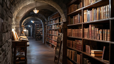Explore a magical library featuring stone arches and wooden shelves filled with vintage books. The warm lighting creates a cozy and inviting atmosphere perfect for reading.の素材