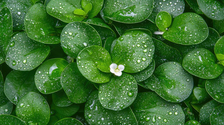 A captivating close-up of fresh green leaves adorned with water drops, showcasing a delicate flower amidst the vibrant foliage, perfect for nature themes.の素材