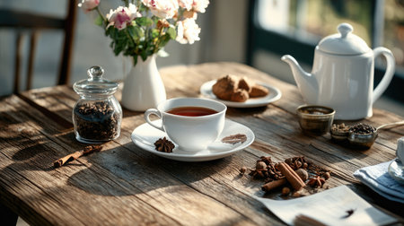 Enjoy a cozy morning with a cup of steaming tea, complemented by sweet treats and a charming floral arrangement, evoking warmth and relaxation.の素材