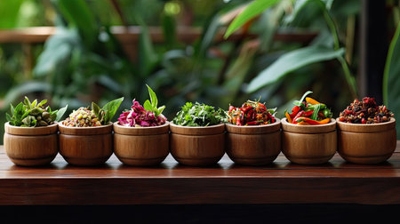 A visually appealing arrangement of fresh ingredients in wooden bowls, showcasing vibrant colors and textures ideal for healthy Asian cooking and meal preparation.の素材