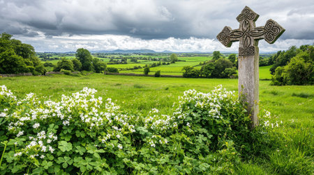 A captivating view of a Celtic cross set against a lush green landscape and dramatic clouds. This picturesque scene evokes serene rural beauty.の素材