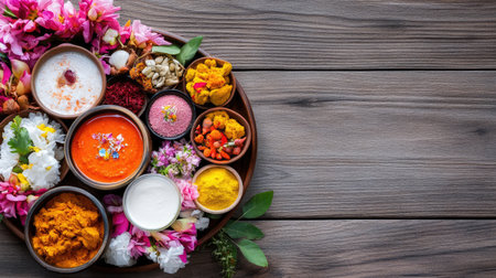 Explore the vibrant display of traditional Indian spices and condiments artfully arranged on a wooden surface, perfect for culinary inspiration and festive celebrations.の素材