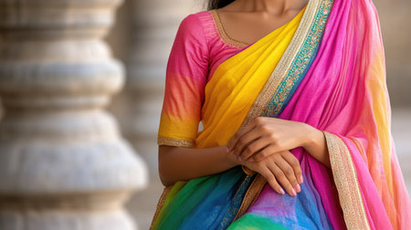 A graceful woman poses in a vibrant traditional outfit, showcasing intricate drapery and rich colors. The scene captures cultural elegance and beauty.の素材