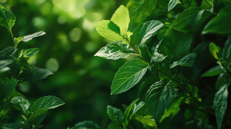 This image captures vibrant green leaves illuminated by soft sunlight, showcasing the beauty of nature and the tranquility of a lush environment perfect for reflection.の素材