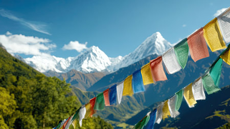 Colorful prayer flags flutter in the wind against stunning snow-capped Himalayan mountains, creating a serene atmosphere filled with peace and spirituality.の素材