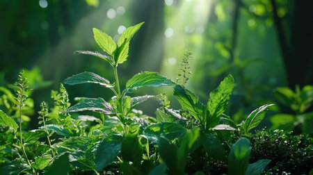 Lush green plants thrive under soft sunlight filtering through a dense forest. This captivating scene showcases nature's beauty and tranquility, inviting a sense of peace.の素材