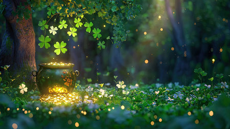 A magical forest scene featuring a pot of gold surrounded by clover leaves and gentle light. This tranquil and enchanting setting invites imaginations of fairy tales and adventure.の素材