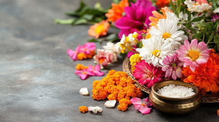 A vibrant floral arrangement featuring colorful flowers and rice on a decorative plate. This imagery captures the beauty and artistry of nature, perfect for various celebrations and festive occasions.の素材