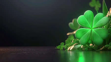 A stunning close-up image of a vibrant green clover leaf with a gentle glow on a dark background, representing luck and nature's beauty, ideal for various design projects.の素材