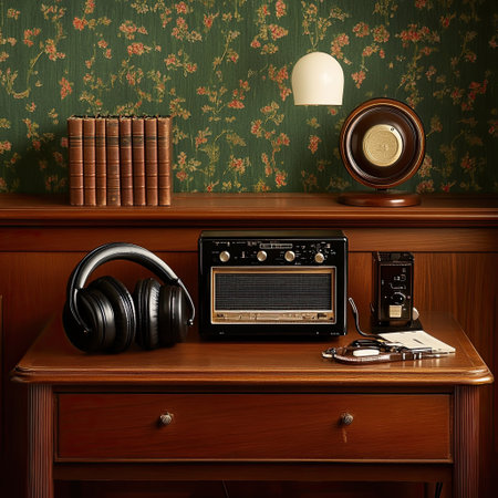 A charming vintage interior featuring a retro radio, headphones, and a record player on a wooden table, accented by floral wallpaper and stylish lighting.の素材