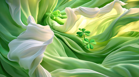 An enchanting close-up of flowing green fabric interspersed with delicate white petals and vivid clovers, evoking a sense of freshness and natural beauty.の素材