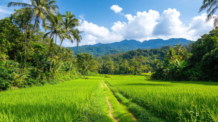 Scenic view of a vibrant green rice field with a clear pathway, framed by lush tropical vegetation and mountains under a blue sky with fluffy clouds.の素材