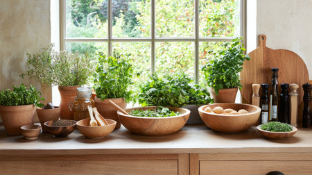 A charming setup featuring various fresh herbs and cooking ingredients on a rustic kitchen countertop, illuminated by natural light, perfect for culinary inspirations.の素材