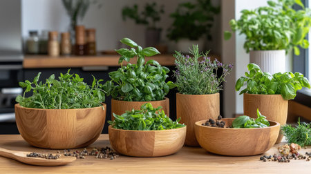 A beautiful arrangement of fresh herbs in various wooden bowls on a kitchen counter. Perfect for a natural and organic cooking atmosphere.の素材