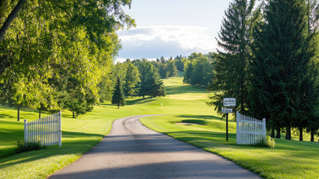 A peaceful golf course pathway winding through lush greenery and tall trees under a clear blue sky, offering a perfect escape into nature and tranquility.の素材