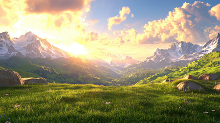 A breathtaking view of a sunrise illuminating the majestic mountains and a sprawling green valley, showcasing the beauty of nature in a serene environment.の素材