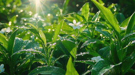 A close-up view of vibrant green leaves and delicate white flowers adorned with morning dew, illuminated by warm sunlight, creating a serene and refreshing scene.の素材