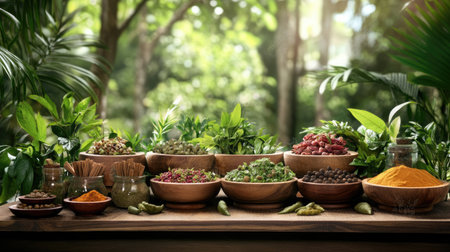 A beautiful display of fresh herbs and spices in wooden bowls on a table surrounded by vibrant greenery. Perfect for culinary inspiration and food photography.の素材