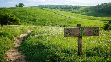 A wooden sign featuring clover designs stands along a grassy path, inviting exploration. The vibrant green hills create a peaceful backdrop, perfect for nature lovers.の素材