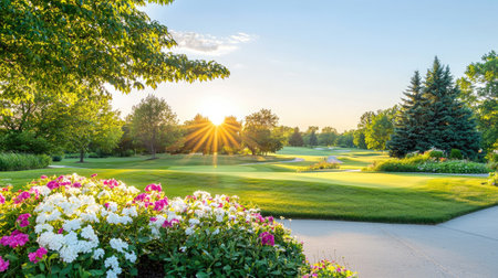 A peaceful golf course scene featuring vibrant flowers in bloom, lush greenery, and a stunning sunset creating a serene outdoor atmosphere.の素材