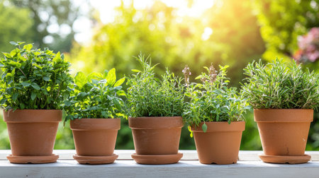 Bright and vibrant collection of fresh herbs planted in clay pots, capturing the essence of gardening on a sunny day, perfect for culinary use and outdoor decor.の素材