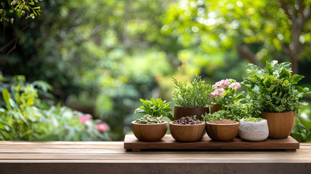 A serene arrangement of fresh culinary herbs and spices in wooden bowls, set against a lush garden backdrop, perfect for food preparation and nature lovers.の素材