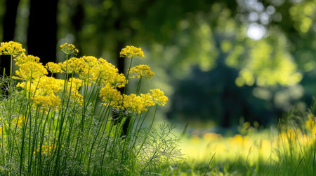 A vibrant display of yellow wildflowers shines in a lush green landscape, offering a peaceful and serene outdoor scene under warm sunlight.の素材