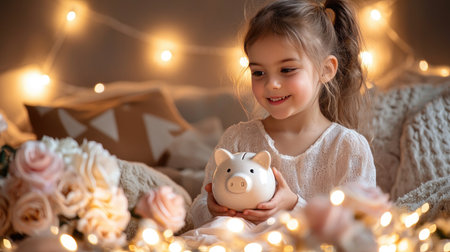 A cheerful young girl enjoying a moment of joy while holding a piggy bank, surrounded by warm fairy lights and soft flowers, capturing the essence of childhood dreams and savings.の素材