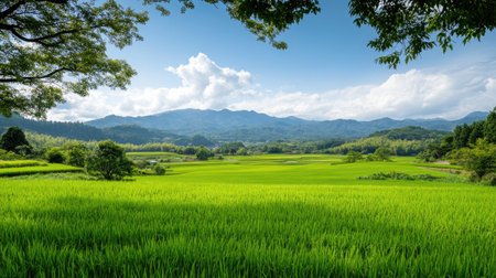 A stunning view of lush green rice fields stretching under a bright blue sky, framed by distant mountains. This serene landscape embodies the beauty of nature and agriculture.の素材