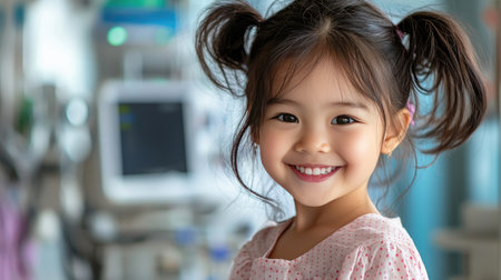 A joyful young girl with dark hair smiles brightly in a hospital environment, capturing innocence and warmth amidst medical surroundings, bringing happiness and hope.の素材