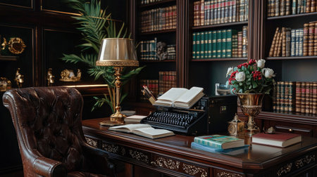 A sophisticated office setting featuring a vintage typewriter, plush leather chair, and shelves filled with books. The warm lighting creates a cozy atmosphere perfect for studying or writing.の素材