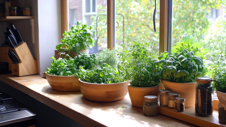 A bright and inviting kitchen scene featuring several bowls of fresh herbs on a wooden windowsill, showcasing a healthy lifestyle and vibrant greenery.の素材