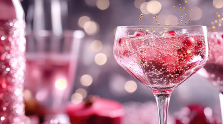 A vibrant pink cocktail with bubbles and pomegranate, served in an elegant glass. Perfect for celebrations, parties, or romantic evenings. Delightful appearance.の素材