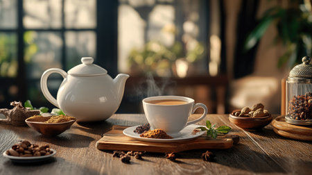 A warm and inviting scene featuring a steaming cup of tea alongside a teapot, fresh herbs, and spices on a wooden table. Perfect for relaxation.の素材