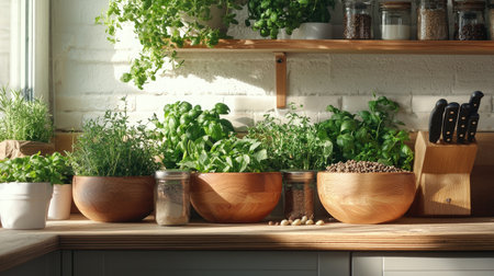 Lush green herbs in wooden bowls adorn a sunlit kitchen countertop, showcasing the beauty of fresh ingredients perfect for home cooking.の素材