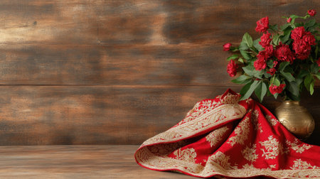 A beautiful display featuring elegant red fabric draped gracefully next to a vibrant floral arrangement, set against a rustic wooden background, creating a warm and inviting atmosphere.の素材